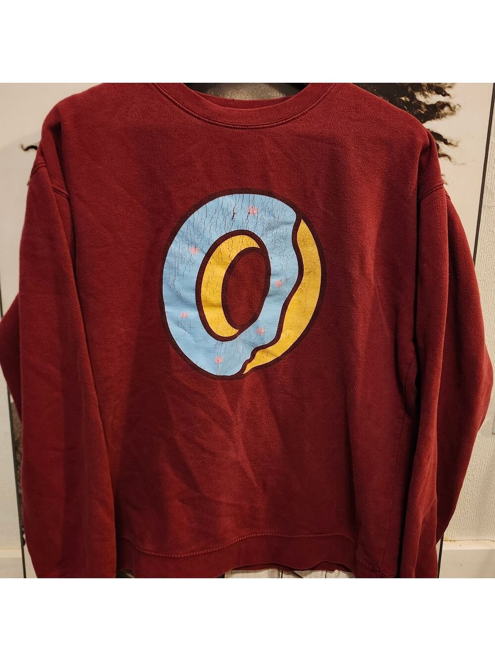 Odd Future Burgundy Sweater with Blue and Yellow Donut Design